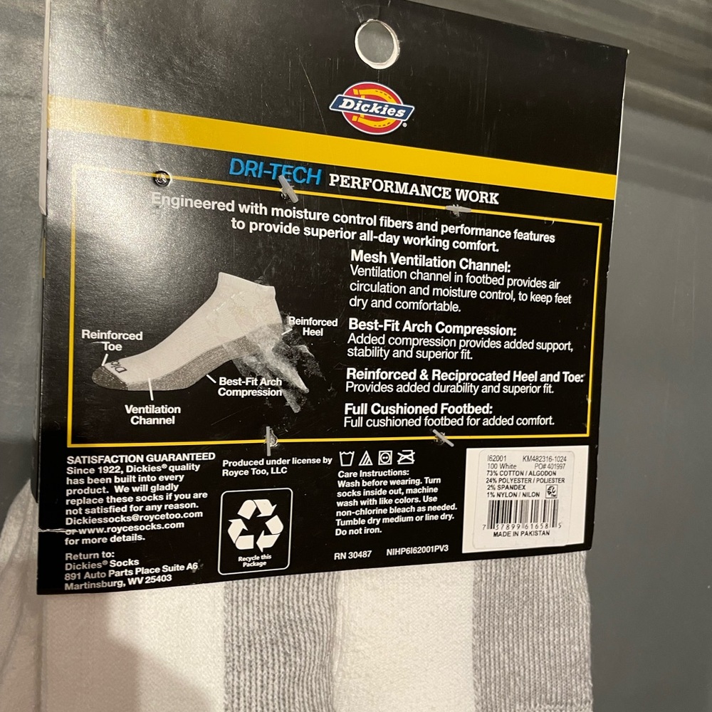 Dickies Men's Dri-Tech No-Show Socks White 6 pairs Shoe Size 6-12 New - Picture 4 of 4